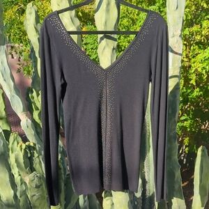 Bailey 44 Black Micro Grommet Sequin Deep V Neck Long Sleeve Top XS